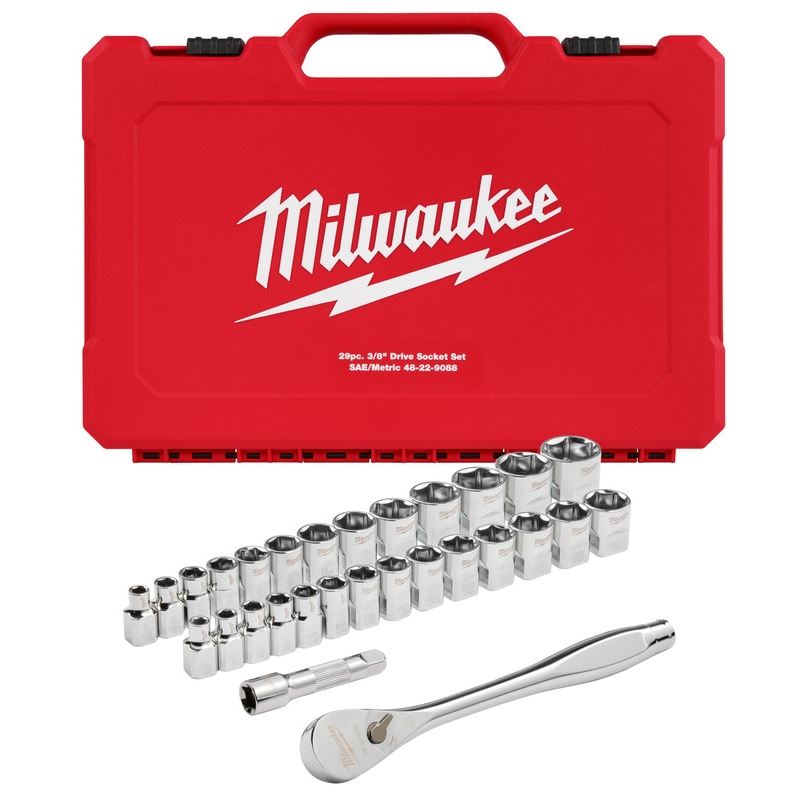 Milwaukee 48-22-9088 29pc 3/8in Drive Metric and SAE Ratchet and Socket Set with FOUR FLAT SIDES