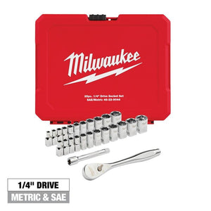 Milwaukee 48-22-9044 25pc 1/4in Drive Metric and SAE Ratchet and Socket Set with FOUR FLAT SIDES