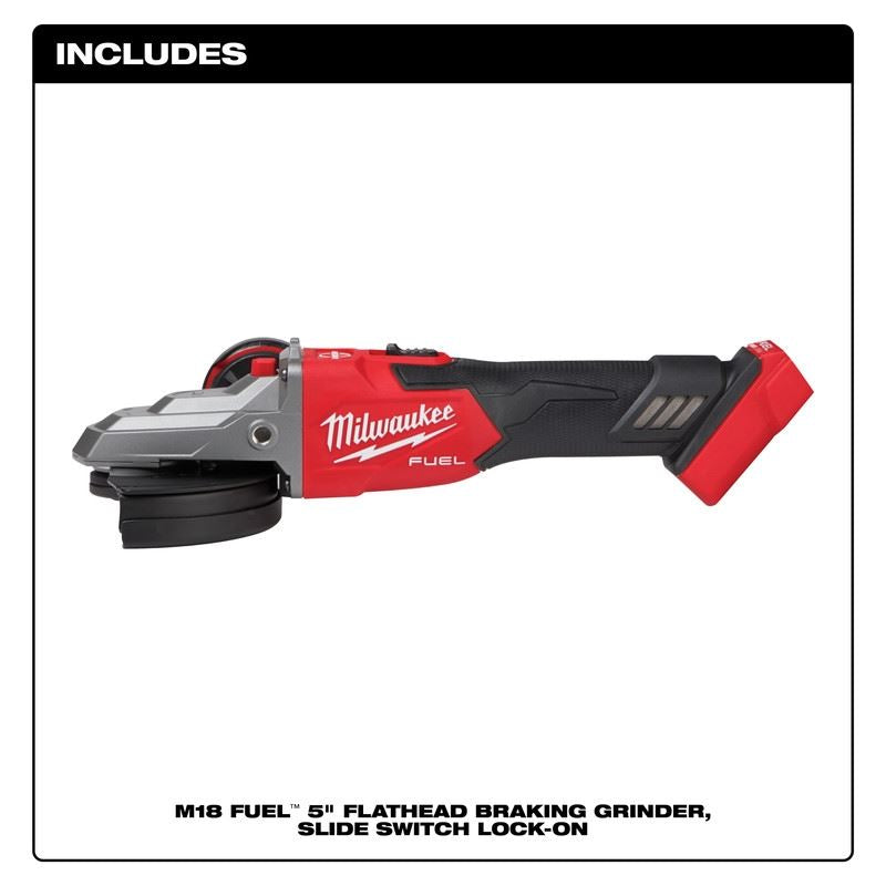 Milwaukee 2887-20 M18 FUEL 5in Flathead Braking Grinder, Slide Switch Lock-On