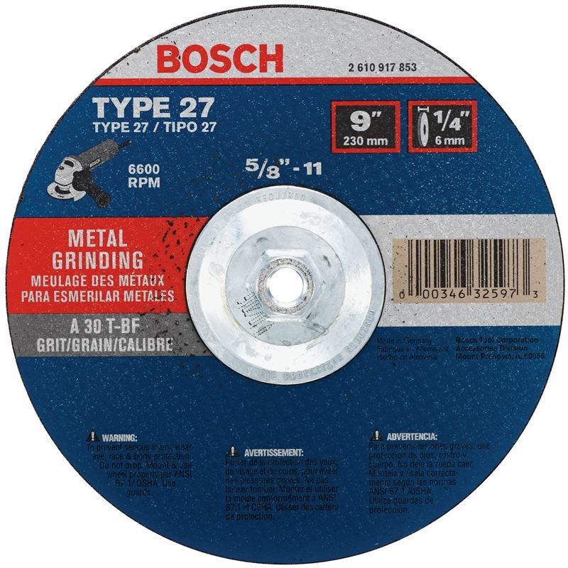 Bosch | GW27M901 9 In. 1/4 In. 5/8-11 In. Arbor Type 27 30 Grit Grinding Abrasive Wheel