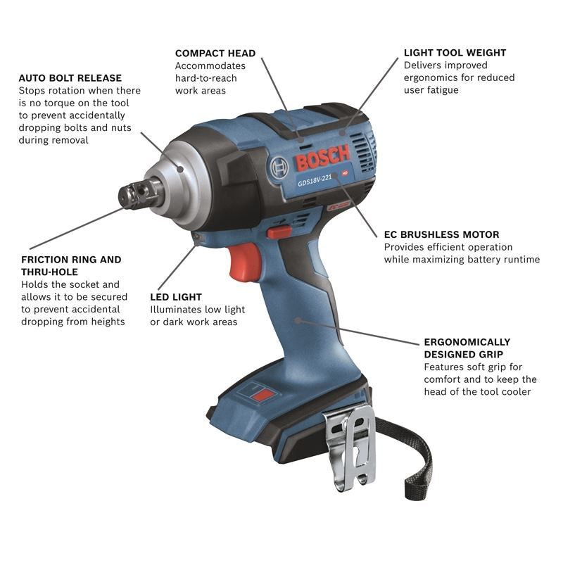 Bosch GDS18V-221N 18V EC Brushless 1/2 In. Impact Wrench with Friction Ring and Thru-Hole (Bare Tool)