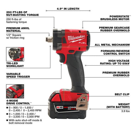 Milwaukee 2855-22R M18 FUEL 1/2 in Compact Impact Wrench w/ Friction Ring Kit