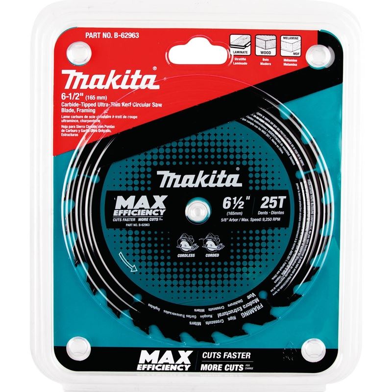 Makita B-62963 6â€‘1/2in 25T Carbideâ€‘Tipped Max Efficiency Circular Saw Blade