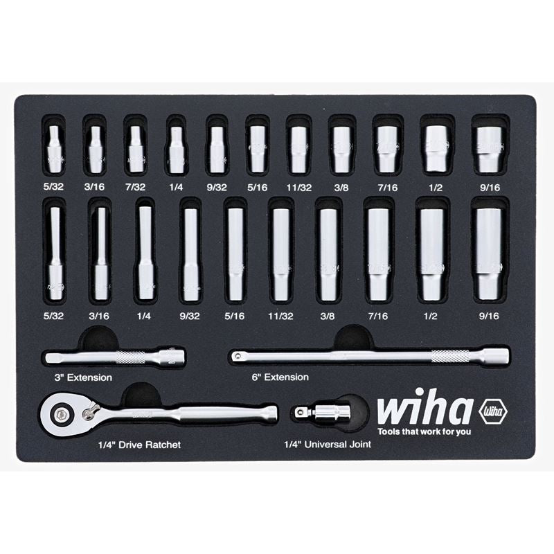 WIHA 33396 25 Piece 1/4â€ Drive Professional Standard and Deep Socket Tray Set - SAE