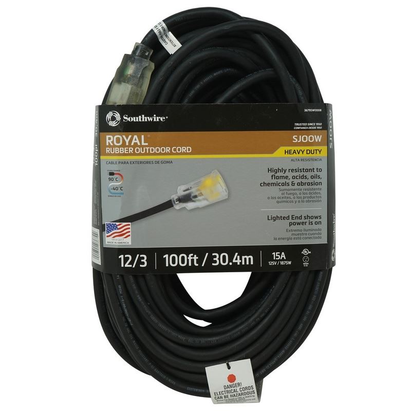 Southwire 3679SW0008 Royal 12/3 Heavy-Duty 15-Amp SJOOW Welding Extension Cord, 100-Feet