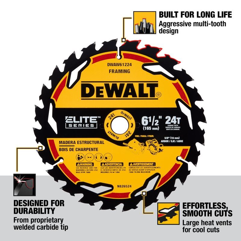 DEWALT DWAW61224  6-1/2in 24T ELITE SERIES Circular Saw Blade