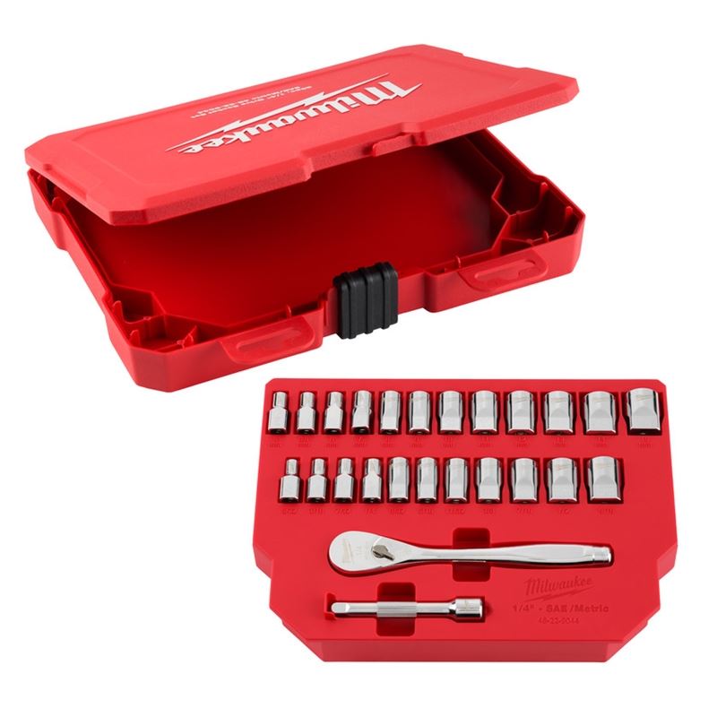 Milwaukee 48-22-9044 25pc 1/4in Drive Metric and SAE Ratchet and Socket Set with FOUR FLAT SIDES