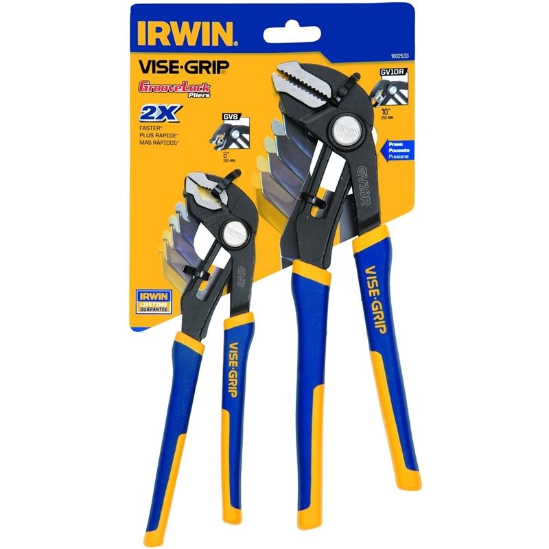 Irwin 1802533 Two-Piece GrooveLock 8-Inch V-Jaw and 10-Inch Straight Jaw Pliers Set