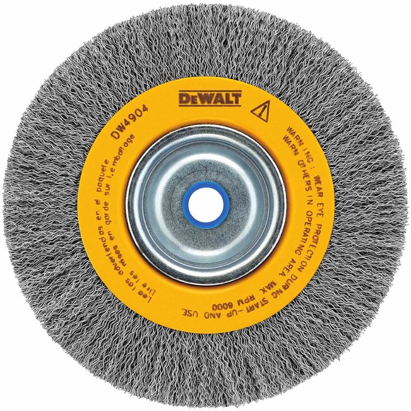 DEWALT  6" crimped bench wire wheel 5/8"-1/2" abror, medium face, .014" wire