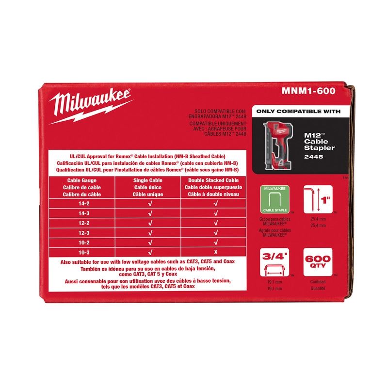 Milwaukee MNM1-600 1in Insulated Cable Staples (600pcs)