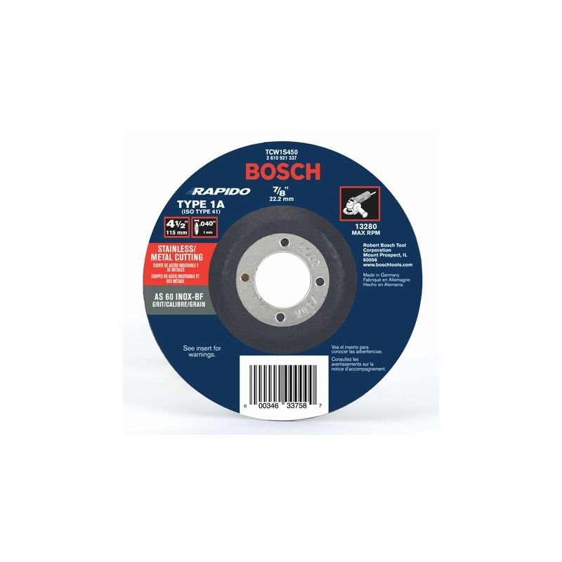 Bosch | TCW1S450 4-1/2 In. .040 In. 7/8 In. Arbor Type 1A (ISO 41) 60 Grit Rapido Fast Metal/Stainless Cutting Abrasive Wheel