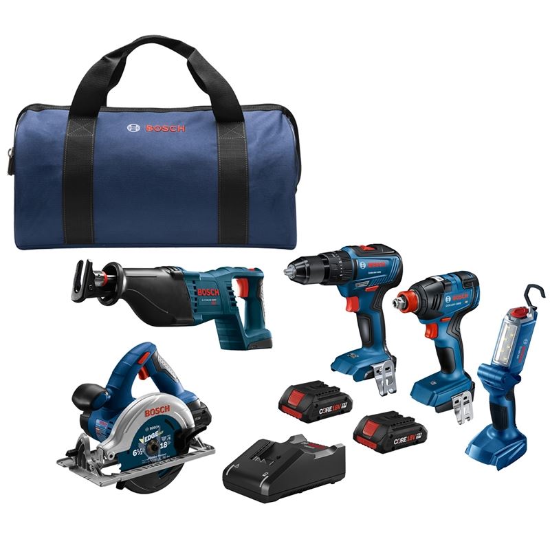 Bosch GXL18V-501B25 18V 5 Tool Combo Kit with Two In One Bit/Socket Impact Driver, 1/2 In. Hammer Drill/Driver, Reciprocating Saw, Circular Saw, LED Worklight and (2) CORE18V 4.0 Ah Compact Batteries