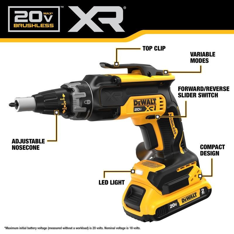 DEWALT DCF630D2 20V MAX XR Brushless Drywall Screwgun Kit (2.0Ah)