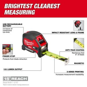 Milwaukee 48-22-0428 25ft Compact Wide Blade Magnetic Tape Measure w/ Rechargeable 100L Light