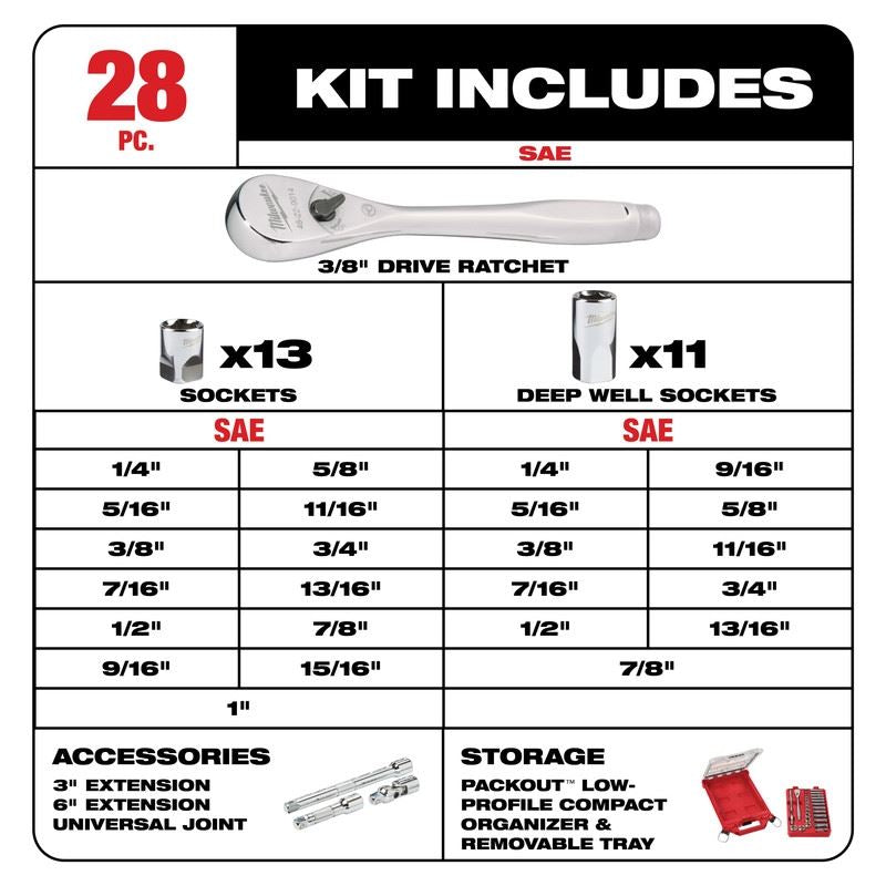 Milwaukee 48-22-9481 3/8in Drive 28pc Ratchet and Socket Set with PACKOUT Low-Profile Compact Organizer - SAE