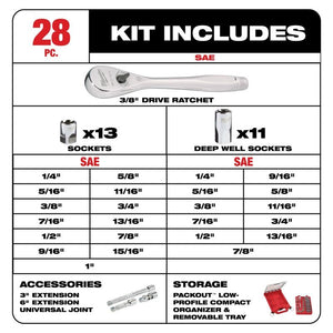 Milwaukee 48-22-9481 3/8in Drive 28pc Ratchet and Socket Set with PACKOUT Low-Profile Compact Organizer - SAE