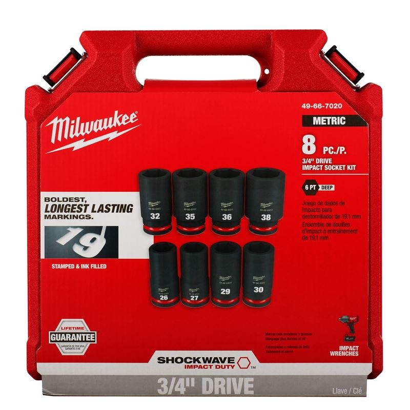 Milwaukee 49-66-7020 8PC SHOCKWAVE Impact Duty 3/4in Drive Metric Deep 6 Point Socket Set