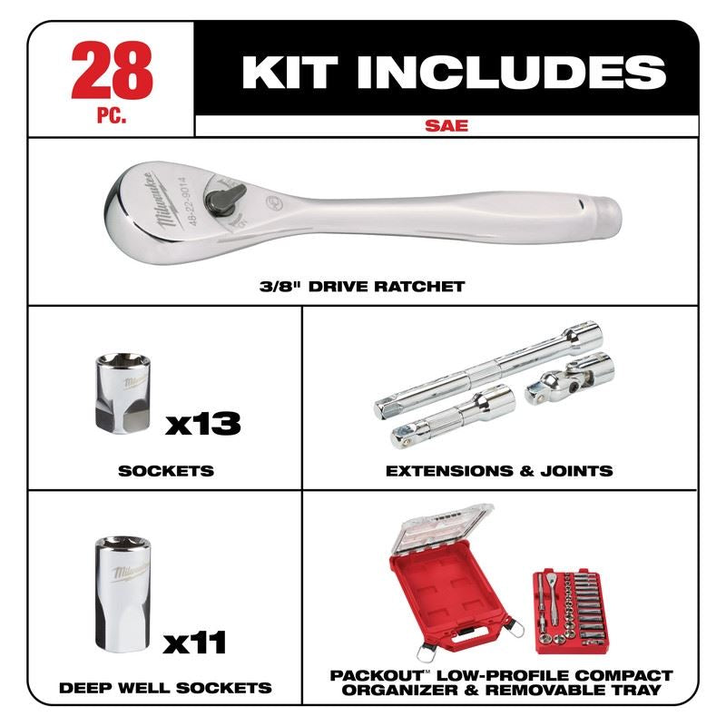 Milwaukee 48-22-9481 3/8in Drive 28pc Ratchet and Socket Set with PACKOUT Low-Profile Compact Organizer - SAE