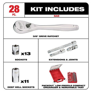 Milwaukee 48-22-9481 3/8in Drive 28pc Ratchet and Socket Set with PACKOUT Low-Profile Compact Organizer - SAE