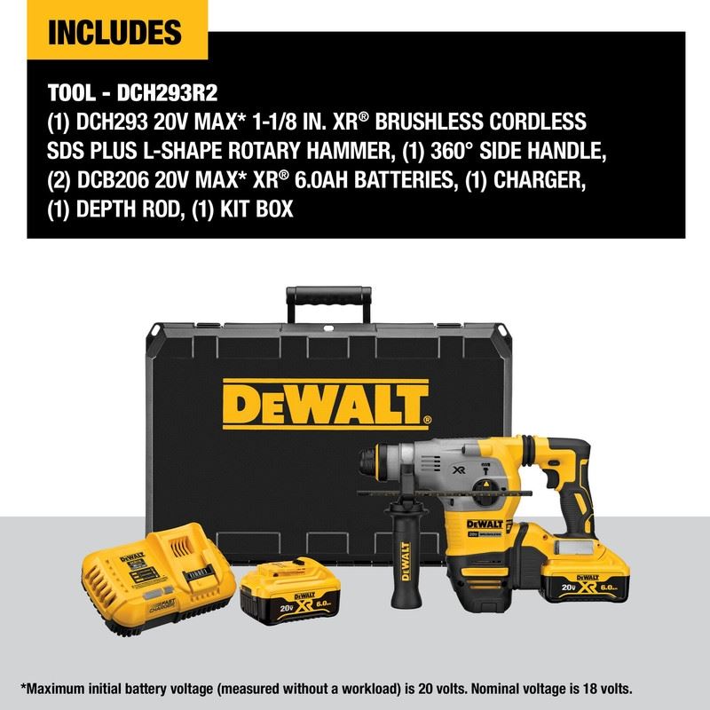 DEWALT DCH293R2 20V MAX 1-1/8 in. XR Brushless Cordless SDS PLUS Rotary Hammer Kit