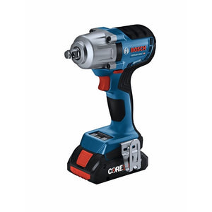 Bosch GDS18V-330CB25 18V Brushless Connected-Ready 1/2 In. Mid-Torque Impact Wrench Kit with Frictin Ring and Thru-Hole and (2) CORE 18V 4.0 Ah Compact Batteries