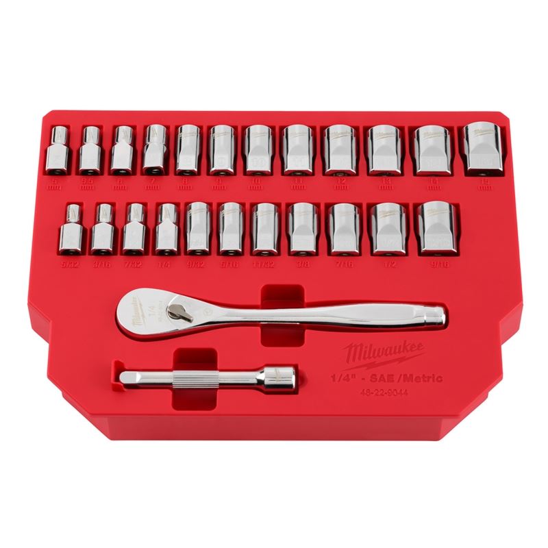 Milwaukee 48-22-9044 25pc 1/4in Drive Metric and SAE Ratchet and Socket Set with FOUR FLAT SIDES