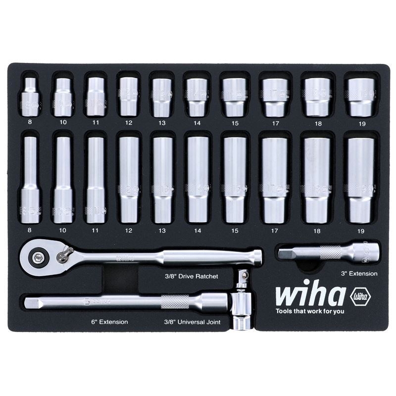 WIHA 33795 24 Piece 3/8â€ Drive Professional Socket Tray Set - Metric