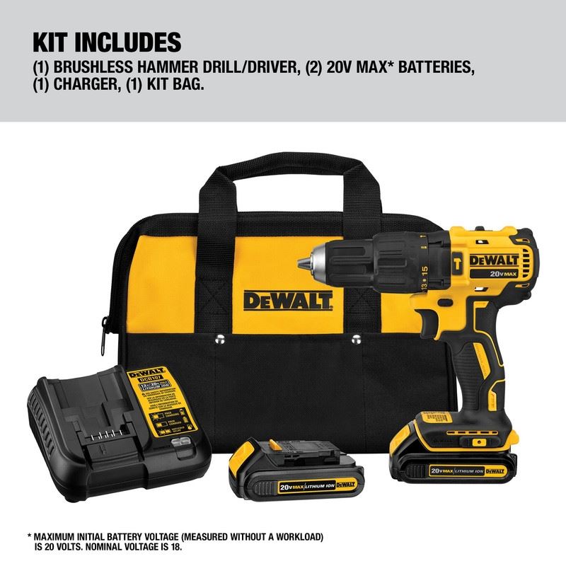 DEWALT DCD778C2 20V MAX Brushless 1/2 in. Compact Cordless Hammer Drill/Driver Kit