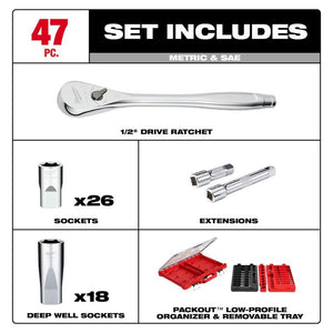 Milwaukee 48-22-9487 47pc 1/2in Drive Ratchet  Socket Set with PACKOUT Organizer