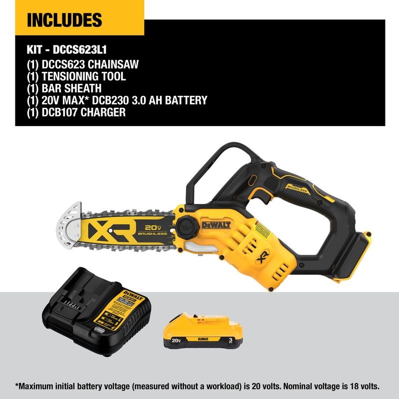 DEWALT DCCS623L1 20V MAX 8 in. Brushless Cordless Pruning Chainsaw Kit with 3 Ah Battery