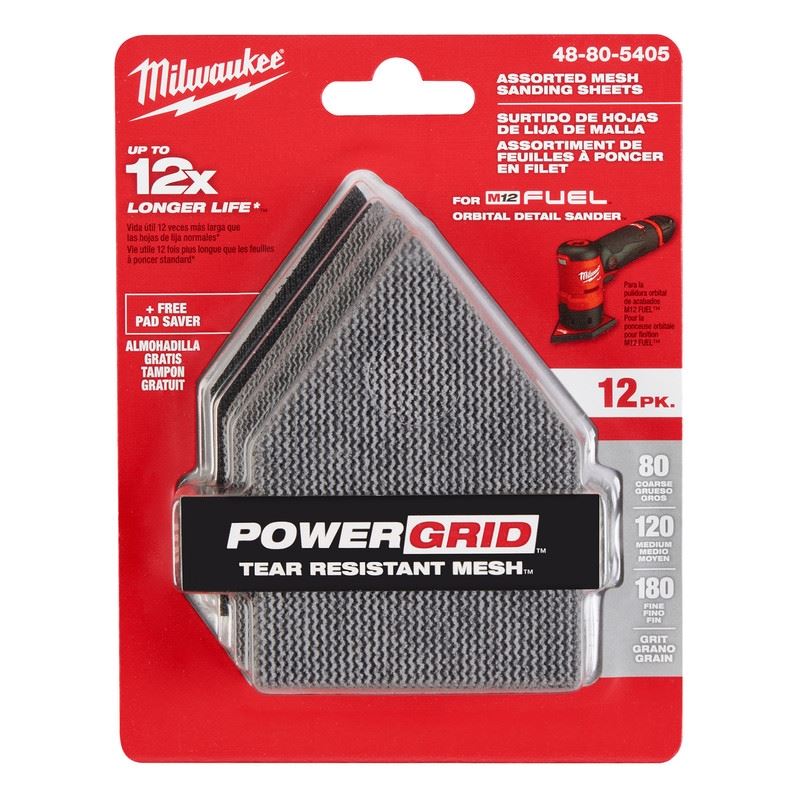 Milwaukee 48-80-5405 Assorted 80, 120  180 Grit Mesh Sanding Sheets for M12 FUEL Orbital Detail Sander 12-Pack