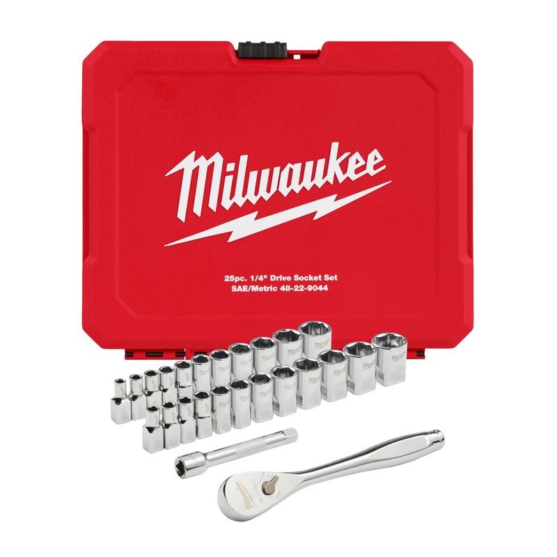 Milwaukee 48-22-9044 25pc 1/4in Drive Metric and SAE Ratchet and Socket Set with FOUR FLAT SIDES