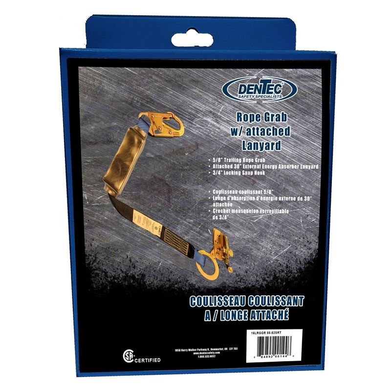 DENTEC 5/8in TRAILING ROPE GRAB WITH ATTACHED 2ft SHOCK PACK LANYARD with 3/4in SNAP HOOK