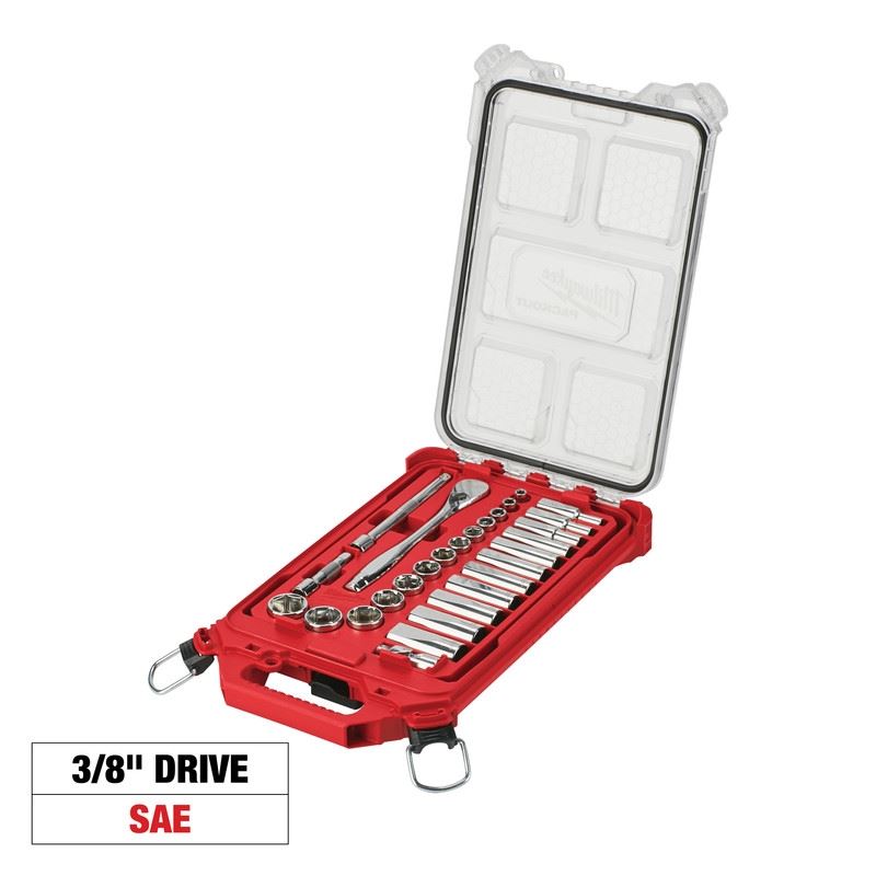 Milwaukee 48-22-9481 3/8in Drive 28pc Ratchet and Socket Set with PACKOUT Low-Profile Compact Organizer - SAE