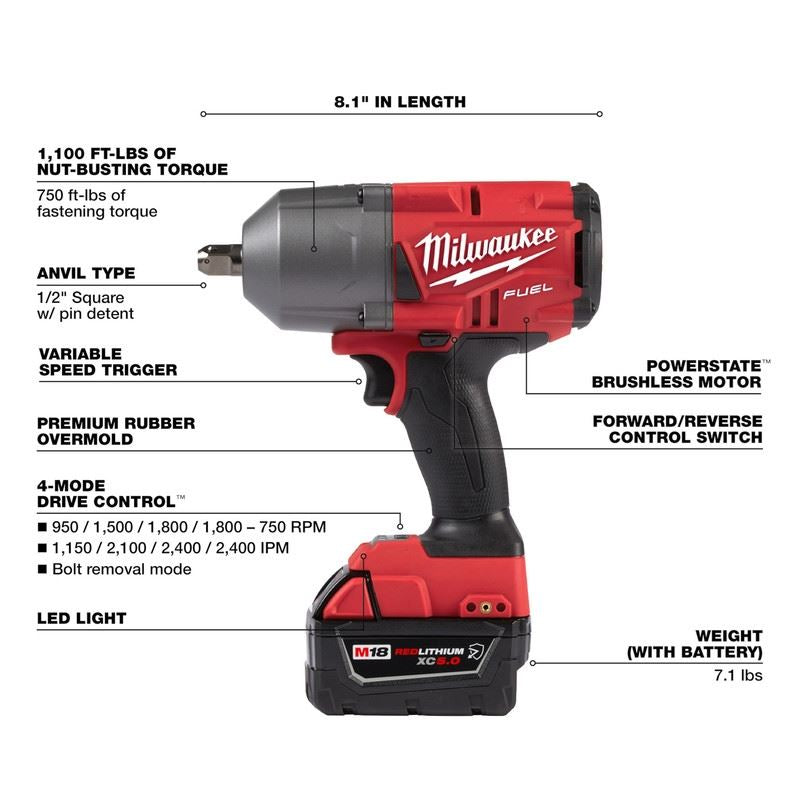 Milwaukee 2766-22R M18 FUEL High Torque 1/2in Impact Wrench with Pin Detent Kit