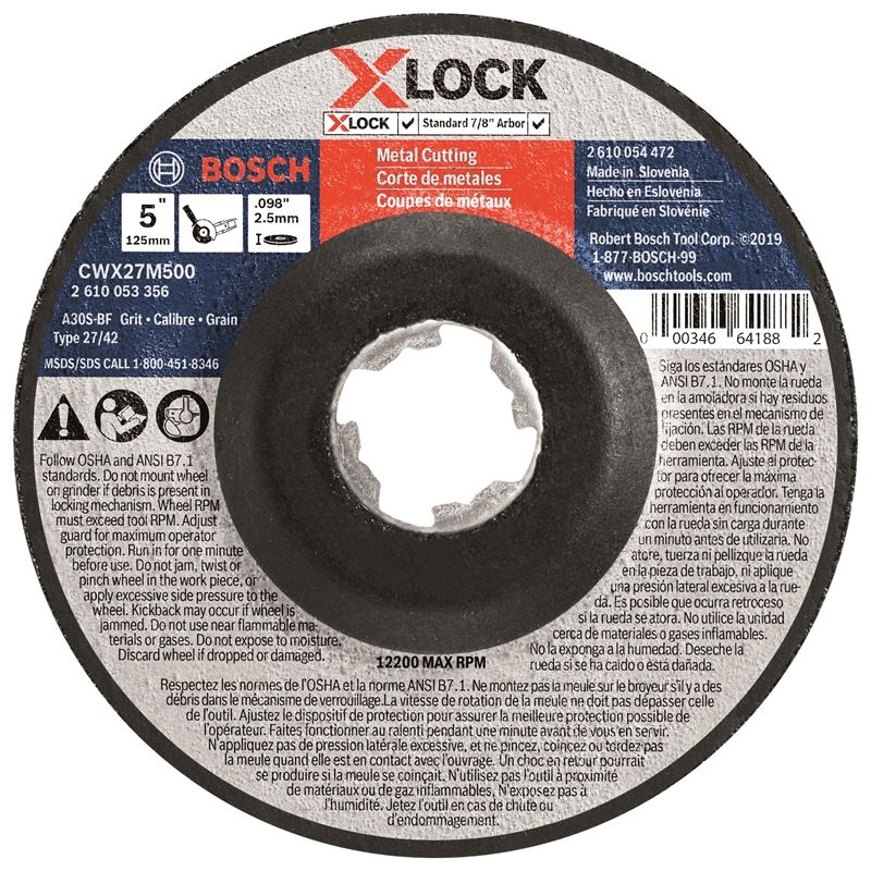 Bosch CWX27M500 5 In. x .098 In. X-LOCK Arbor Type 27A (ISO 42) 30 Grit Metal Cutting and Grinding Abrasive Wheel