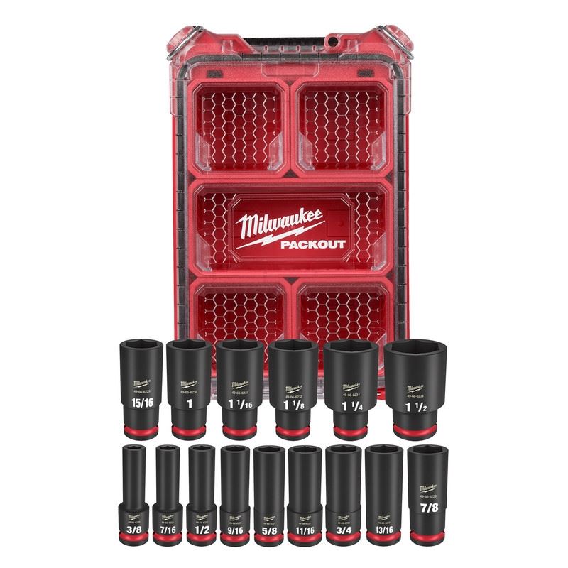 Milwaukee 49-66-6802 SHOCKWAVE Impact Duty Socket 1/2in Dr 15PC SAE PACKOUT Set