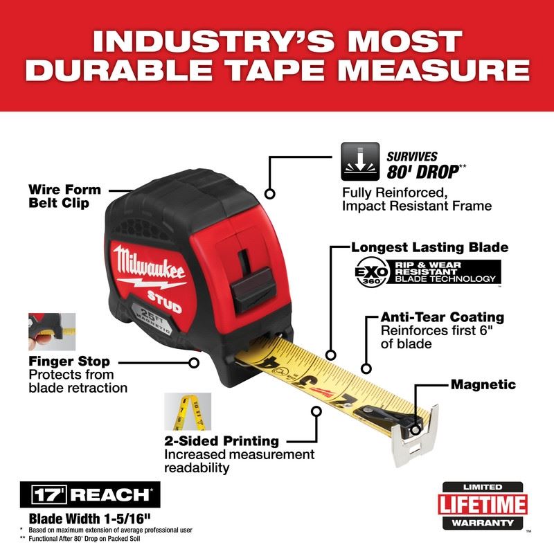 Milwaukee 48-22-9725M Magnetic STUD Magnetic Tape Measure