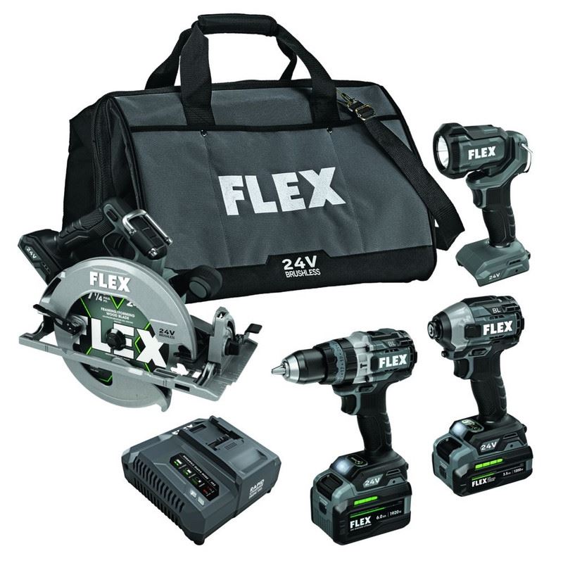 FLEX FXM403-2G 24V 4 Tool Stacked-Lithium Kit, Turbo Hammer Drill, Quick Eject Impact Driver, 7 1/4 Circ Saw and Work Light