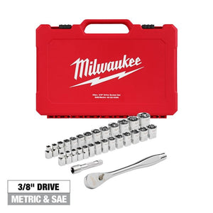 Milwaukee 48-22-9088 29pc 3/8in Drive Metric and SAE Ratchet and Socket Set with FOUR FLAT SIDES