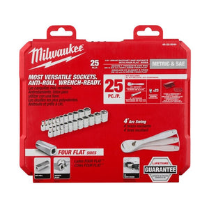 Milwaukee 48-22-9044 25pc 1/4in Drive Metric and SAE Ratchet and Socket Set with FOUR FLAT SIDES