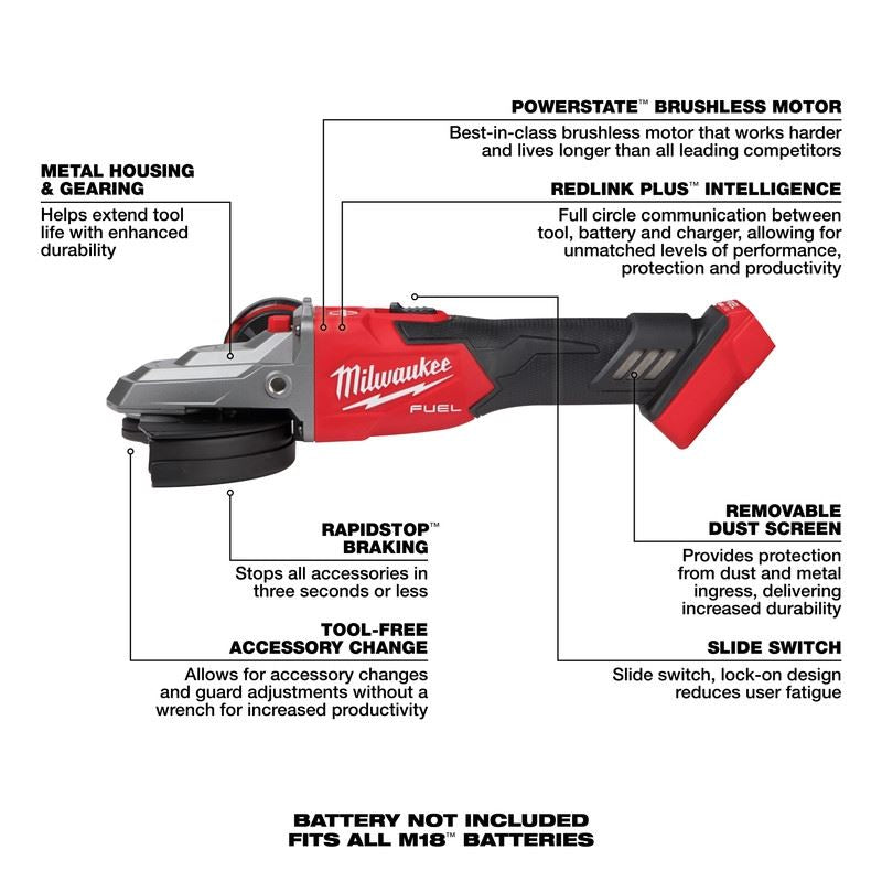 Milwaukee 2887-20 M18 FUEL 5in Flathead Braking Grinder, Slide Switch Lock-On