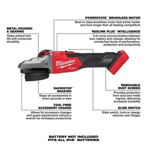 Milwaukee 2887-20 M18 FUEL 5in Flathead Braking Grinder, Slide Switch Lock-On