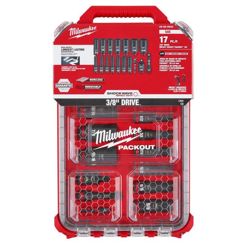 Milwaukee 49-66-6800 SHOCKWAVE Impact Duty Socket 3/8in Dr 17PC SAE PACKOUT Set