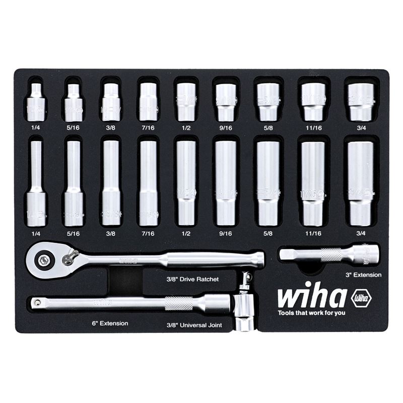 WIHA 33796 22 Piece 3/8â€ Drive Professional Standard and Deep Socket Tray Set - SAE