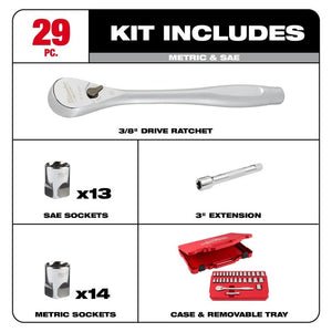 Milwaukee 48-22-9088 29pc 3/8in Drive Metric and SAE Ratchet and Socket Set with FOUR FLAT SIDES