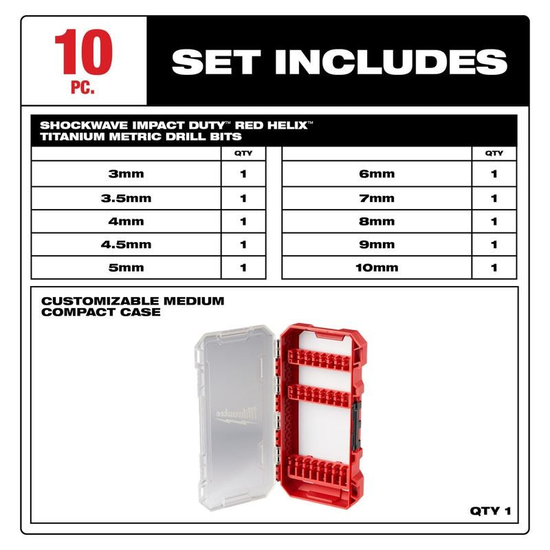 Milwaukee 48-89-4859 SHOCKWAVE Impact Duty RED HELIX Titanium Metric Drill Bit  Set - 10PC