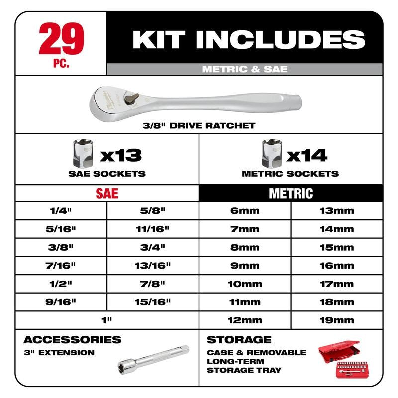 Milwaukee 48-22-9088 29pc 3/8in Drive Metric and SAE Ratchet and Socket Set with FOUR FLAT SIDES