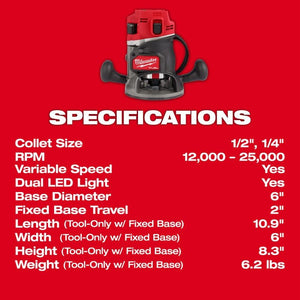 Milwaukee 2838-20 M18 FUEL 18 Volt Lithium-Ion Brushless Cordless 1/2in Router - Tool Only