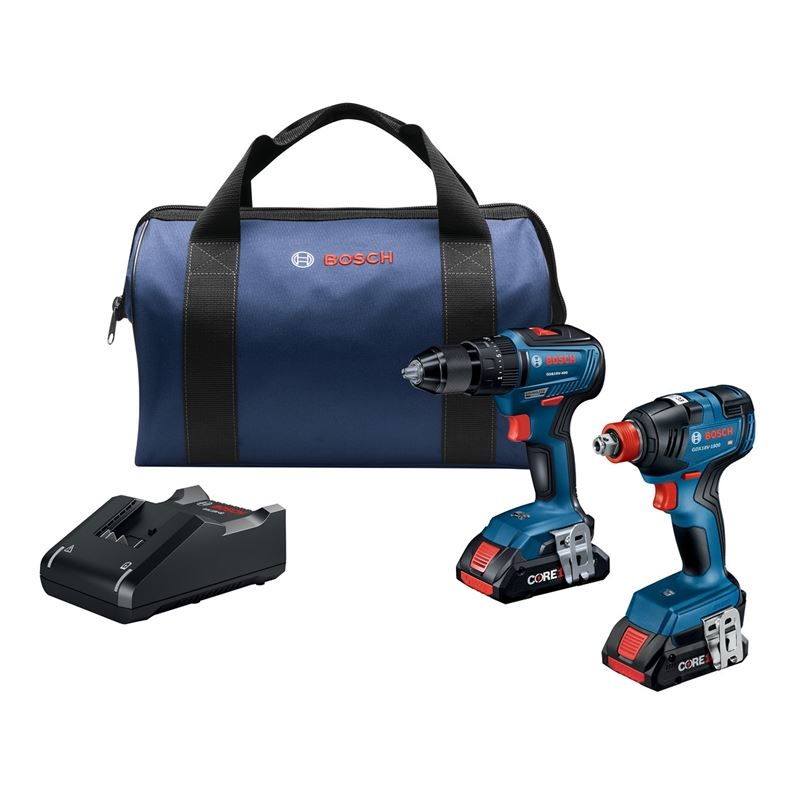 BOSCH GXL18V-233B25 18V 2-Tool Combo Kit with 1/2 In. Hammer Drill/Driver, Freak 1/4 In. and 1/2 In. Two-in-One Bit/Socket Impact Driver and (2) CORE18V 4.0 Ah Compact Batteries